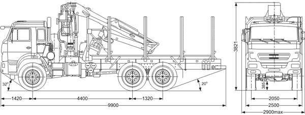 Габаритный чертеж Сортиментовоз Камаз 43118-24 с гидроманипулятором ОМТЛ-70-02
